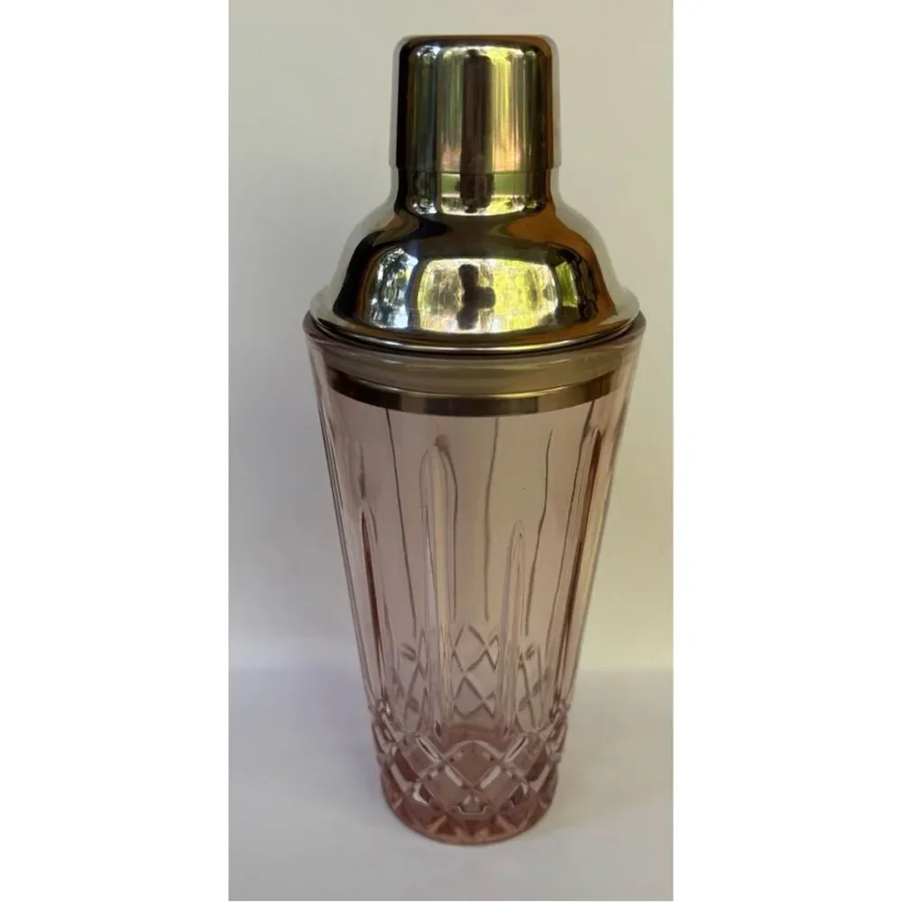 Vintage Pottery Barn Pink Cut-Glass Cocktail Shaker with Silver Lid